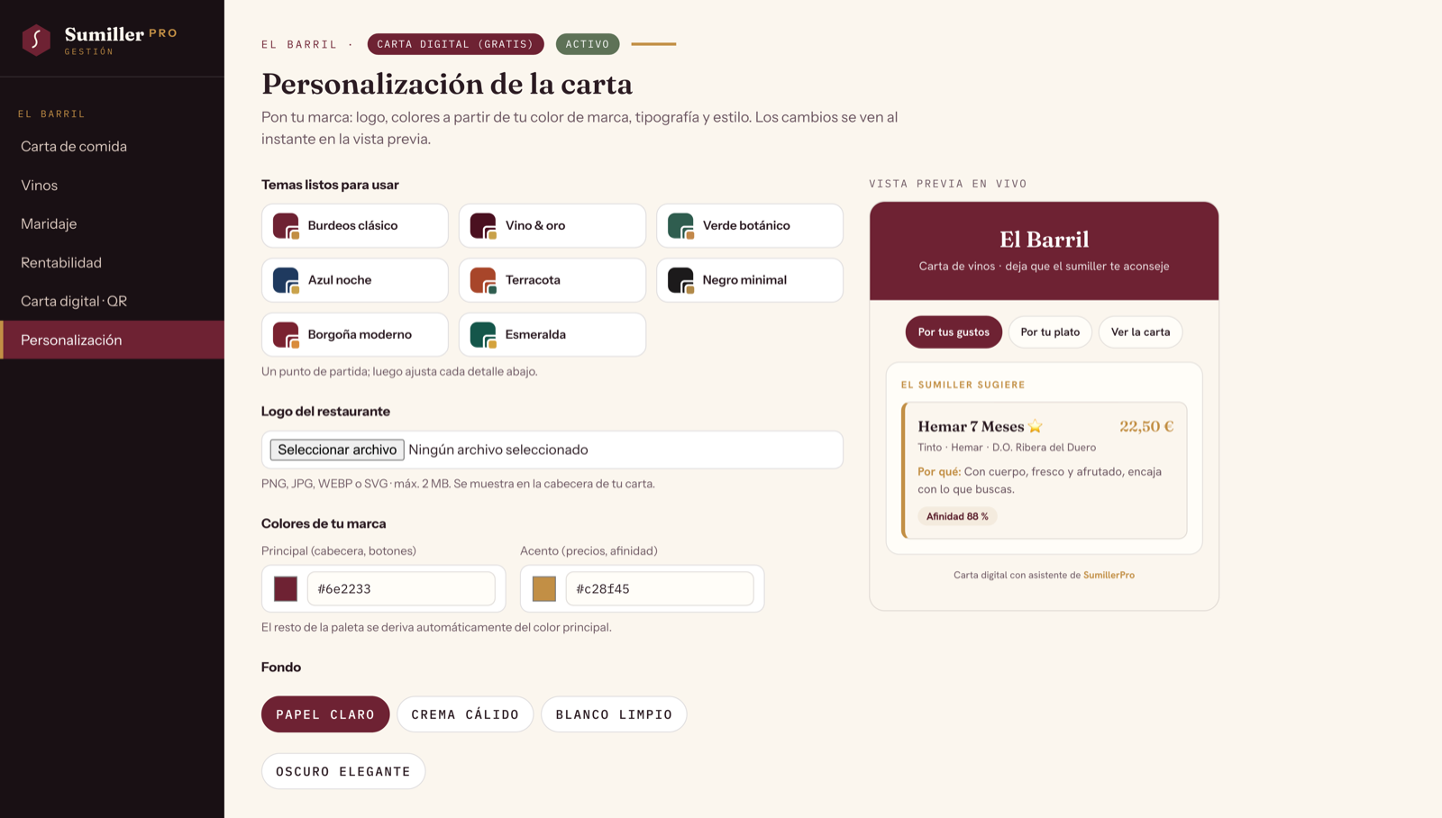 Personalización de la carta digital